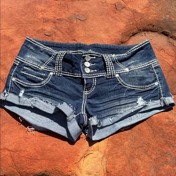 Almost Famous Dark Blue Distressed Denim Shorties shorts low rise 9 - Picture 1 of 6